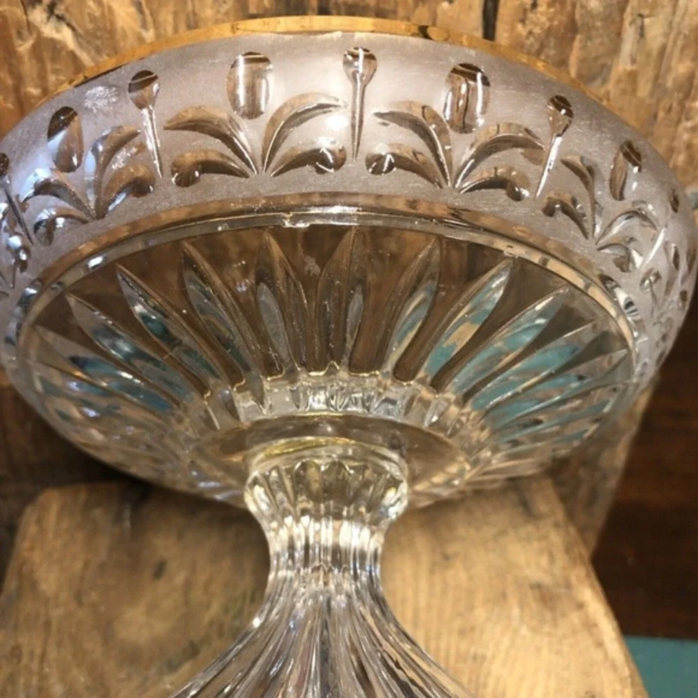Pedestal‎ Bowl Etched Lead Glass Gilded Rim West Germany Enesco STUNNING